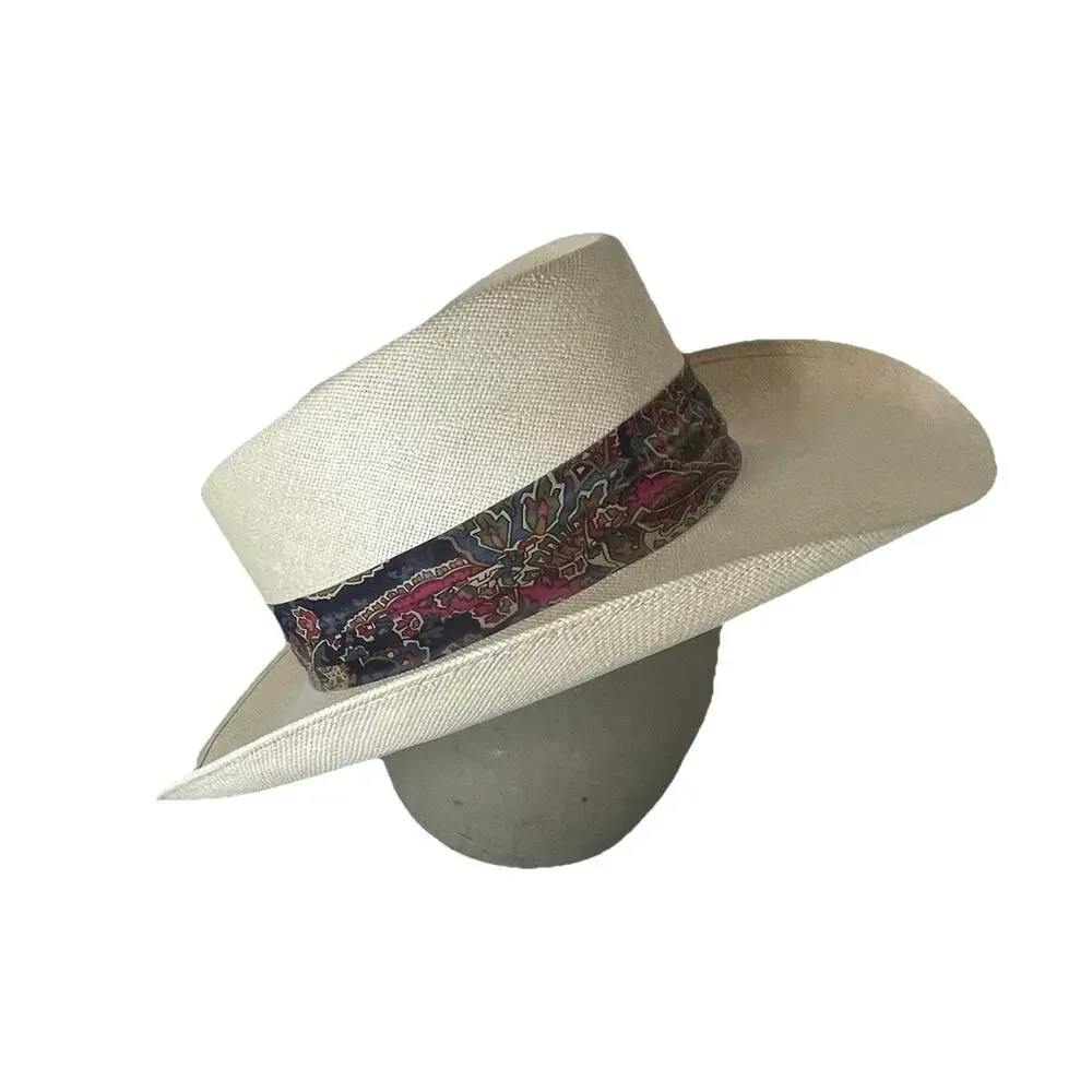 VTG Churchill Ltd Genuine Shantung Straw Panama Hat Size 7 3/8 Paisley Band